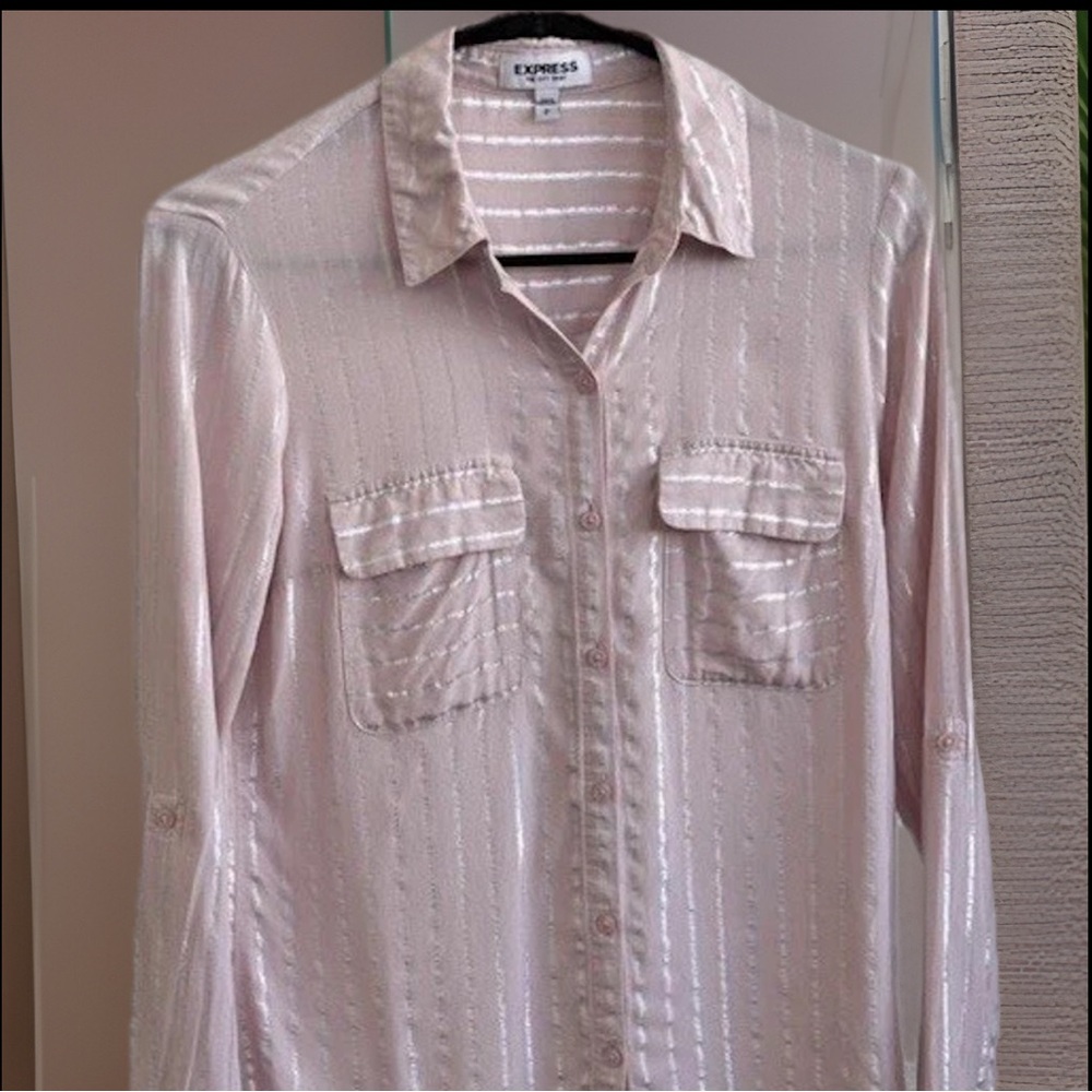 Express Women's Striped Portofino Button Down Blouse Baby Pink & Metallic Silver